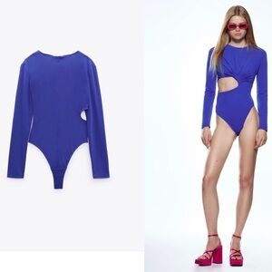 Zara royal cobalt blue knotted cutout bodysuit Sz S NWT